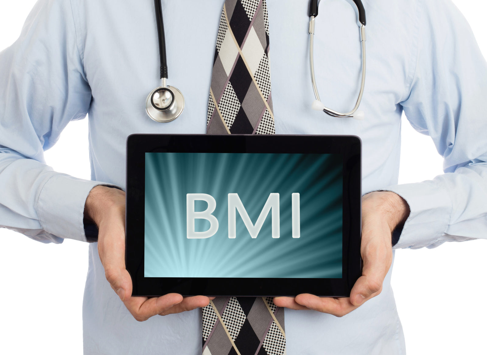 Doctor, isolated on white background, holding digital tablet that says BMI to illustrate New BMI Guidelines and Weight-Loss Surgery Recommendations