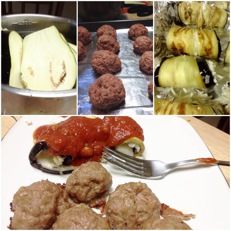 Eggplant Rollatini with Turkey Sausage Meatballs
