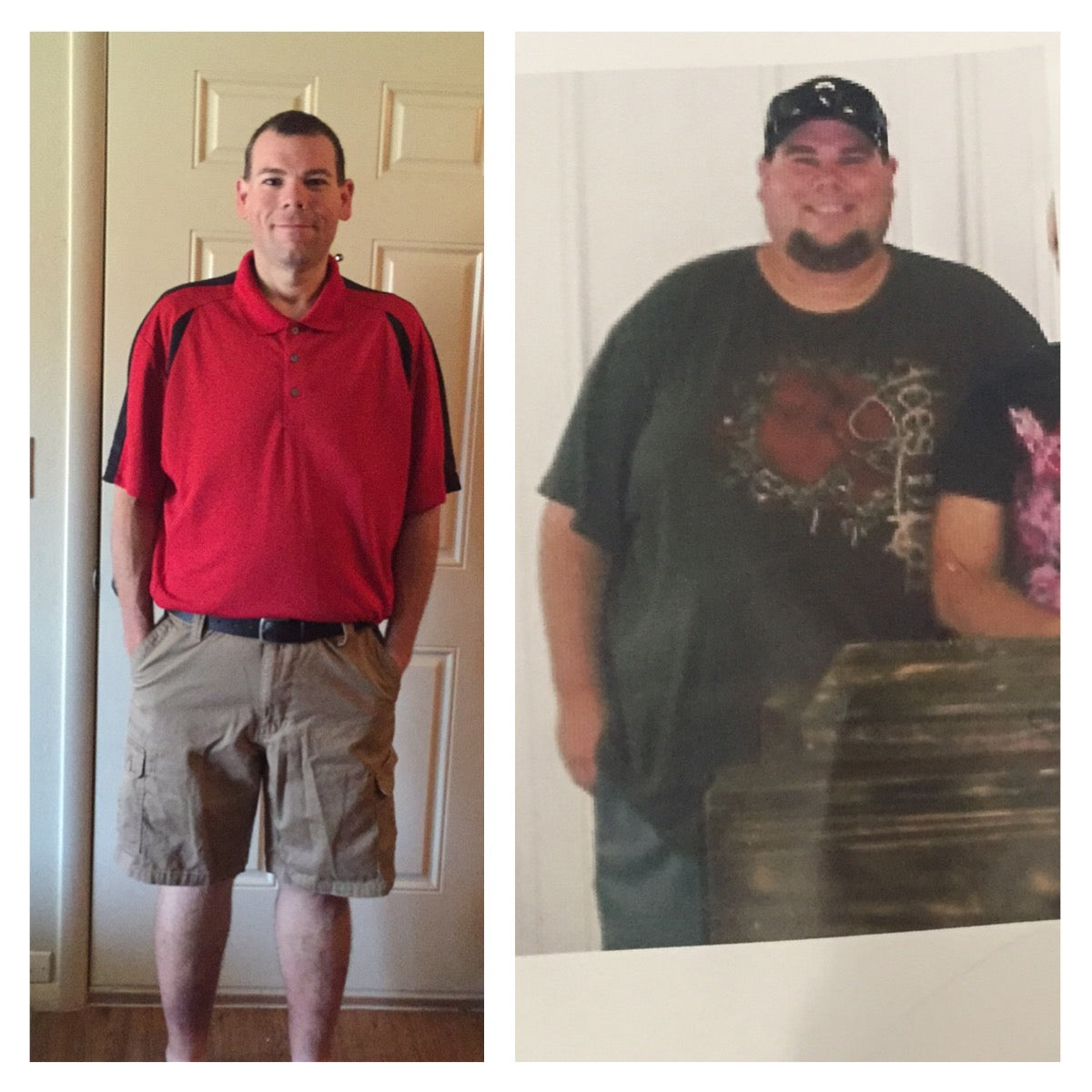 (left): Jeremy after he has lost 316 pounds. (right): Jeremy before he started his journey about 18 months ago.