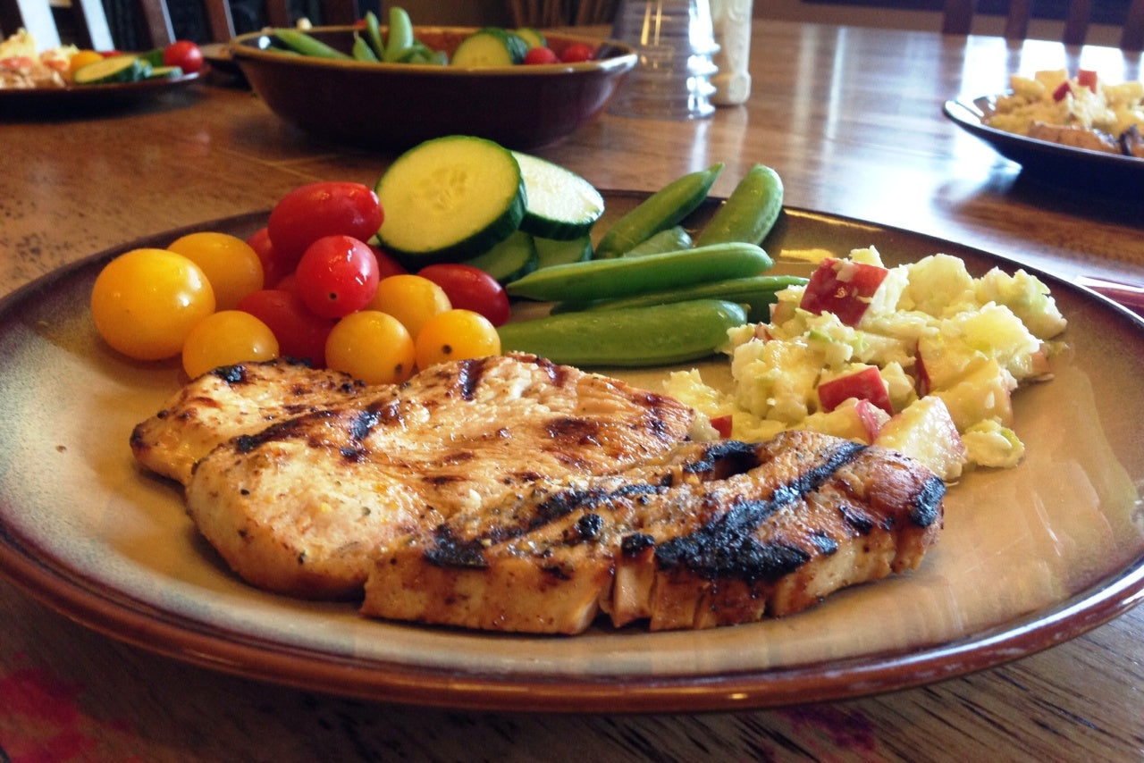 Turkey Cutlets with Apple Slaw and assorted veggies to illustrate a lap band diet.