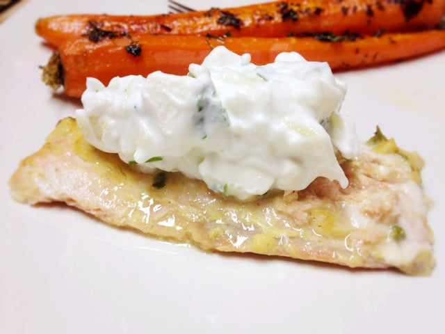 Baked Salmon and Yogurt Feta Sauce