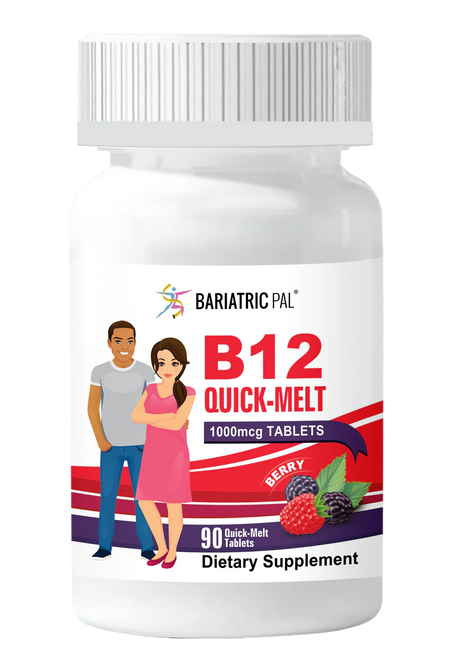 A bottle of Bariatric Pal B12 Quick Melt Tablets to help illustrate Best Vitamins to Take After Bariatric Surgery