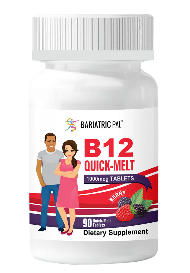 A bottle of Bariatric Pal B12 Quick Melt Tablets to help illustrate Best Vitamins to Take After Bariatric Surgery